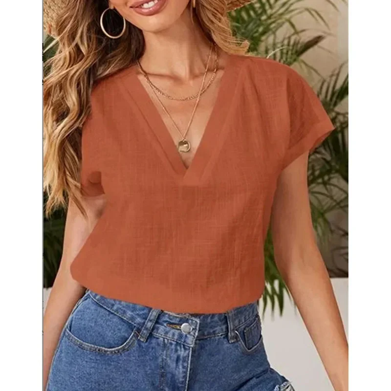 Women's Solid Casual Shirts & Blouses for Women 2024 Summer Vintage Fashion Elegant Youth Female Tops Blusas Para Mujer