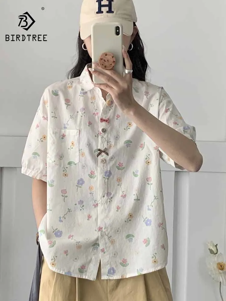 

New 2025 Summer Cotton Short Sleeve Shirt, Women Turn-down Collar 3D Cute Button, Mori Girl Sweet Print Loose Blouse T57625CC