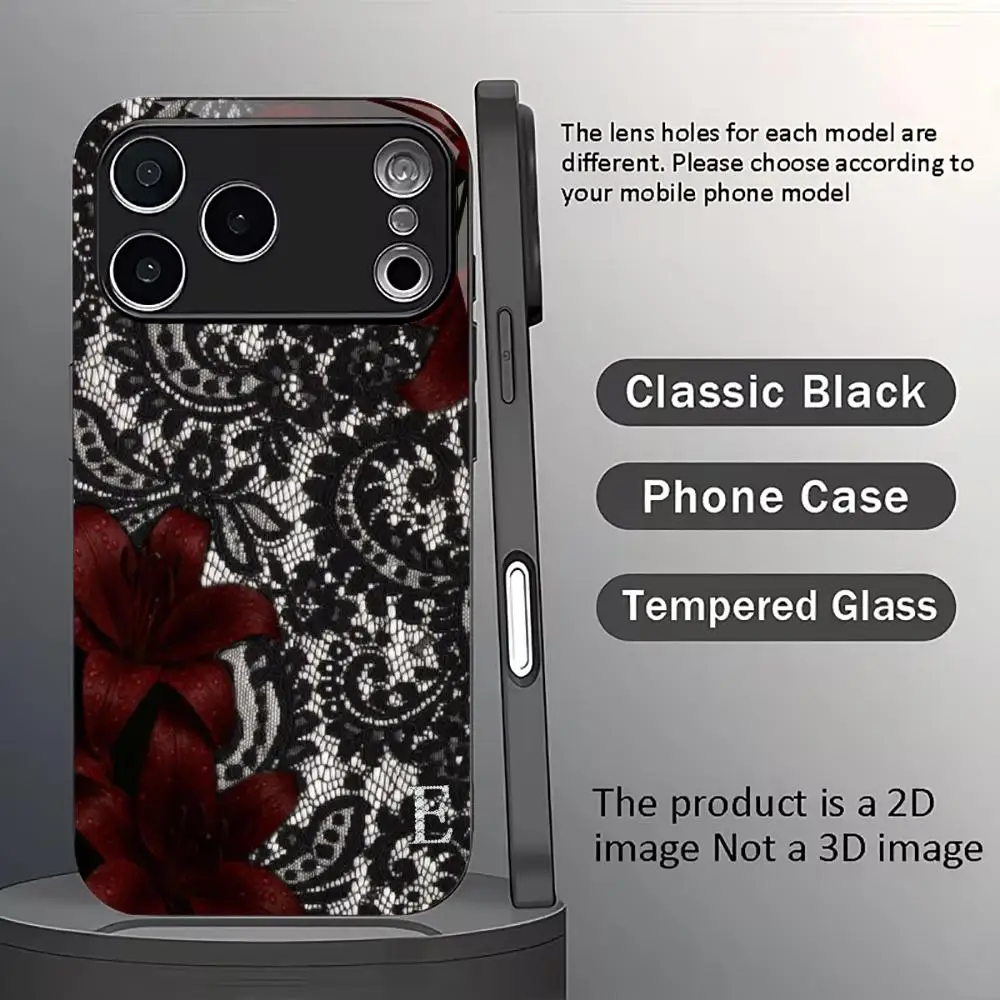 Vintage Black Lace Red Flower phone case mobile phones for iphone 17 pro max cover Glass for iPhone 17、16、15、14、13、12pm Pro Plus