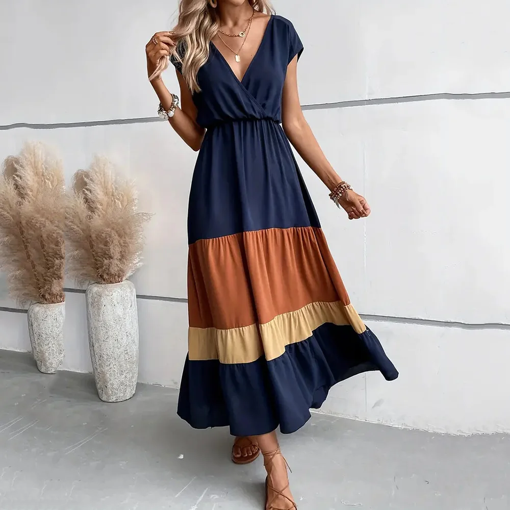 

Black Color Block Short Sleeve V Neck Pleater Long Dress Women Summer Casual Polo Collar Flowy Maxi Dresses Vacation 2024 Wear