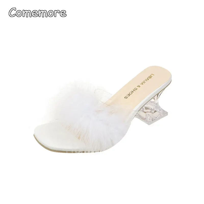 Comemore Women Slippers Summer Fashion Stiletto Sandals Open Toe High Heel 2023 Fur Heels for Woman Pink Shoes Sapatos Femininos