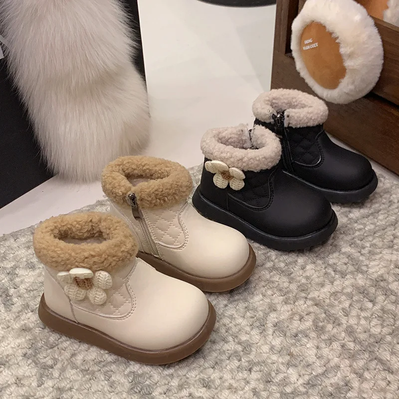 

2025 Winter Baby Girl Fleece Booties, Soft Sole First Walk Snow Boots 1-3 Years Old, Non-Slip Warm Cotton Boots for Infants