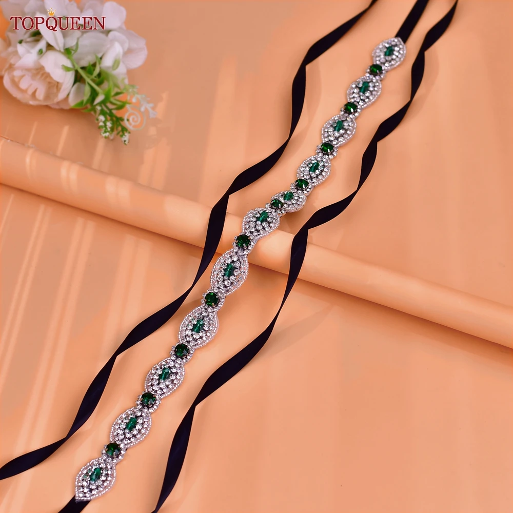 

TOPQUEEN Slim Bridal Wedding Dress Belt Green Gemstone Material Prom Party Dresses Waist Accessories Bridesmaid Sash S435-KL