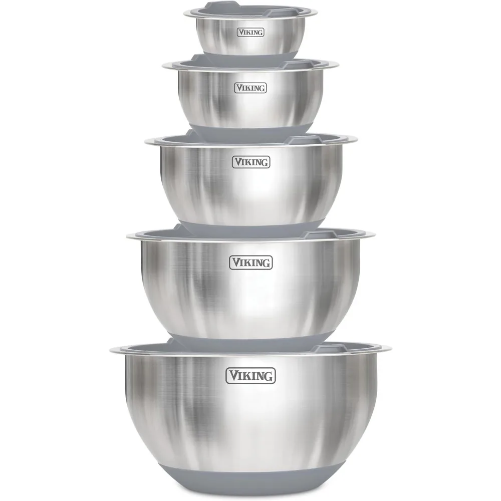 

10-Piece Stainless Steel Mixing Bowls Set with Non-Slip Silicone Base, Tight Lids, Dishwasher Safe, Grey Kitchen Cookware