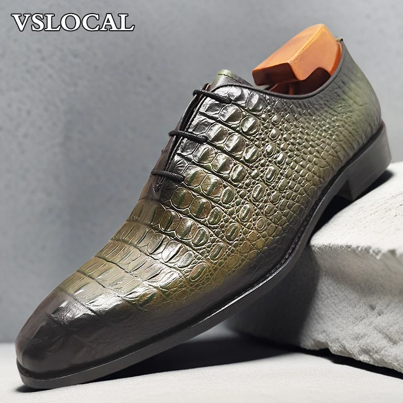 

Luxury Men Oxford Shoes Green Black Croco Print Casual Mens Dress Shoes Lace up Wedding Office Genine Leather shoes men