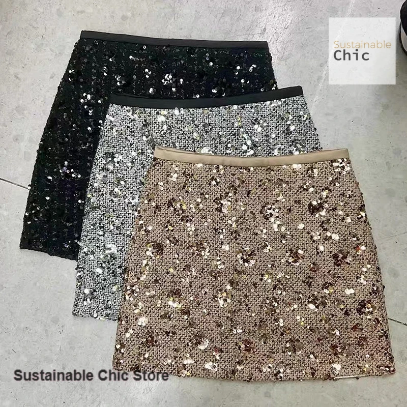Jupe taille haute à paillettes scintillantes françaises, couleur assortie, nouvelle mode automne et hiver pour femmes, jupe Joker aux hanches.