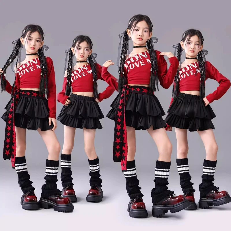 

Новый костюм для современного джаза для девочек, топ с длинными рукавами, черная юбка, наряд для уличного танца в стиле хип-хоп, одежда для группового выступления, сцены, рейва