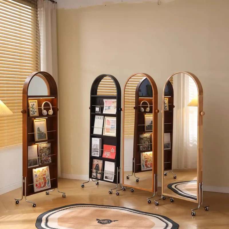 Retro Full Length Floor Mirror with Magazine Bookshelf Movable Solid Wood Standing Mirror for Home Creative Medieval Style