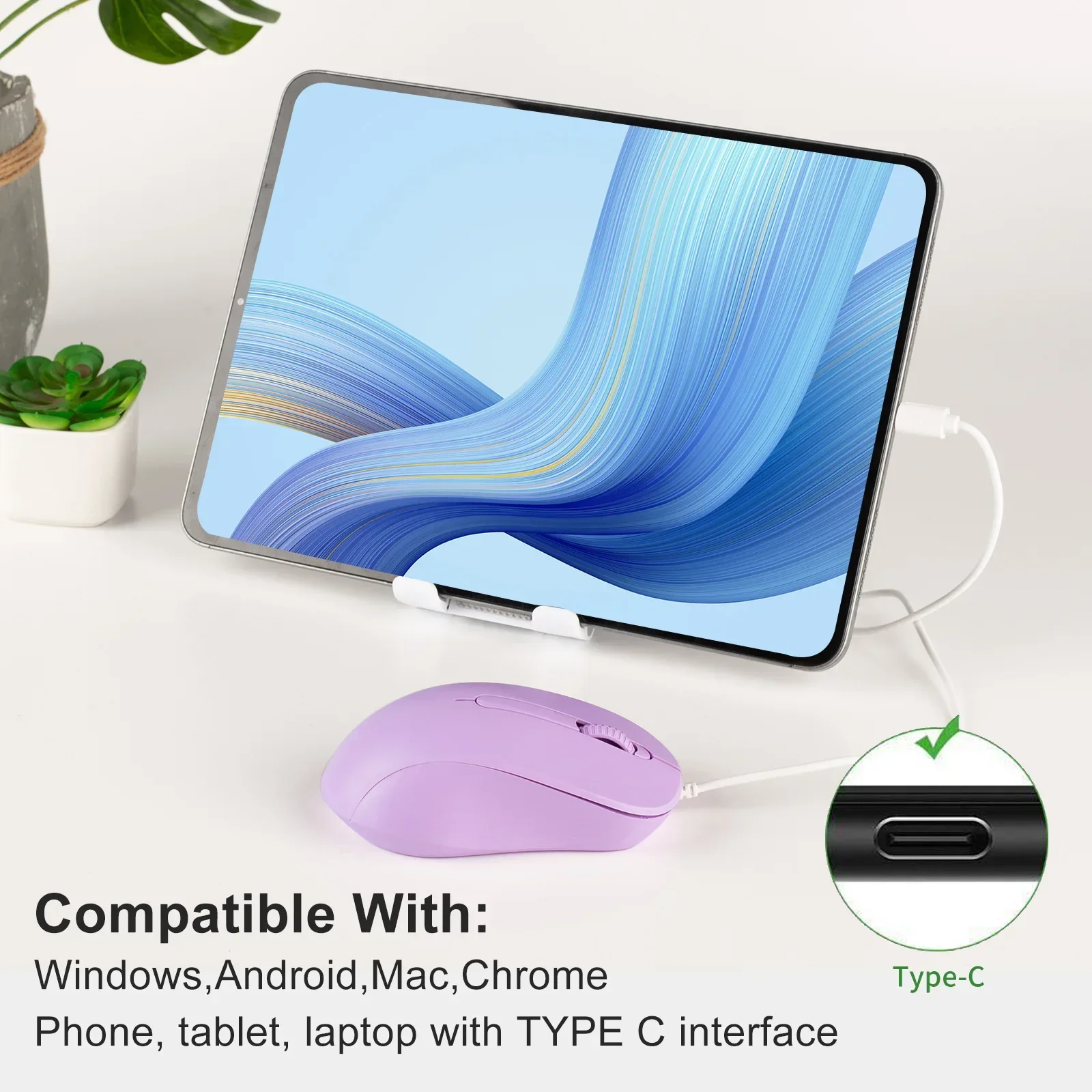 Mini Wired Mouse Ergonomic Mute Type-C Plug & Play Optical Mice Universal For Mac Windows Laptop Tablet Cute Gift For Girls