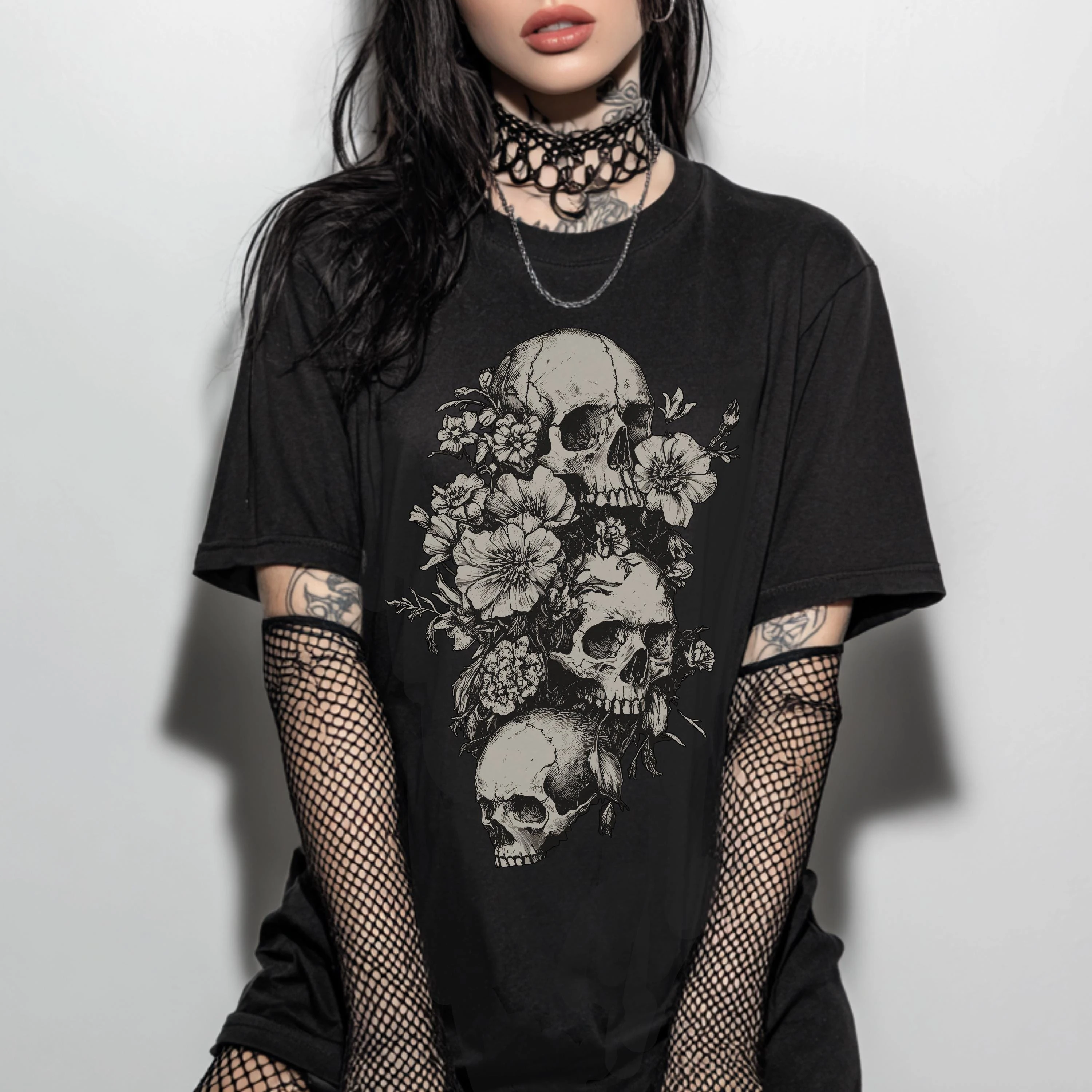 Floral Skull Comfort Colors T-Shirt, Gothic Graphic T-Shirt, Whimsigoth Witchy Clothing, Alternative Grunge Goth Shirt