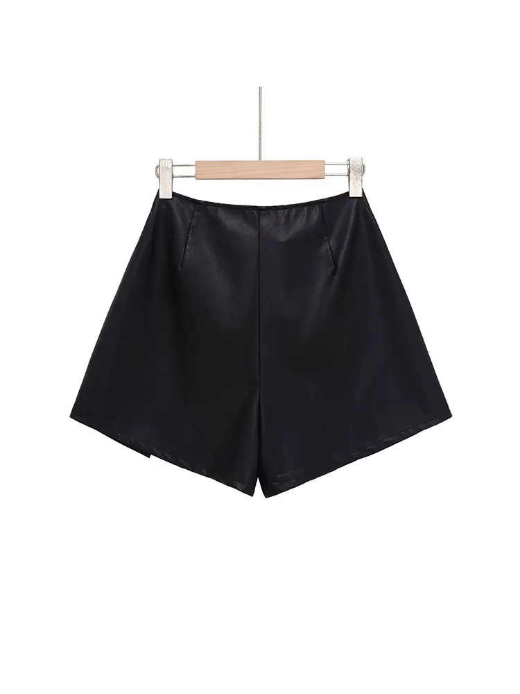 Nlzgmsj Herfst Casual Chic Mini Shorts Rok Vooraan Split Hoge Taille PU Shorts Damesmode Streetwear Herfst Shorts