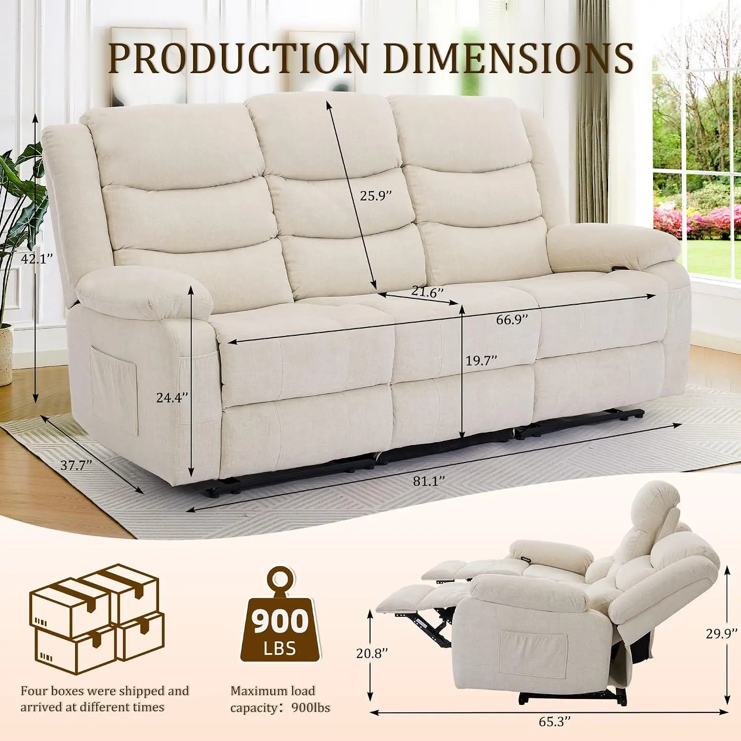 Oversized Reclining Loveseat with Console, Cup Holder & Recessed Power Strip, 3-Seater with Drop Down Table, Beige, Customized
