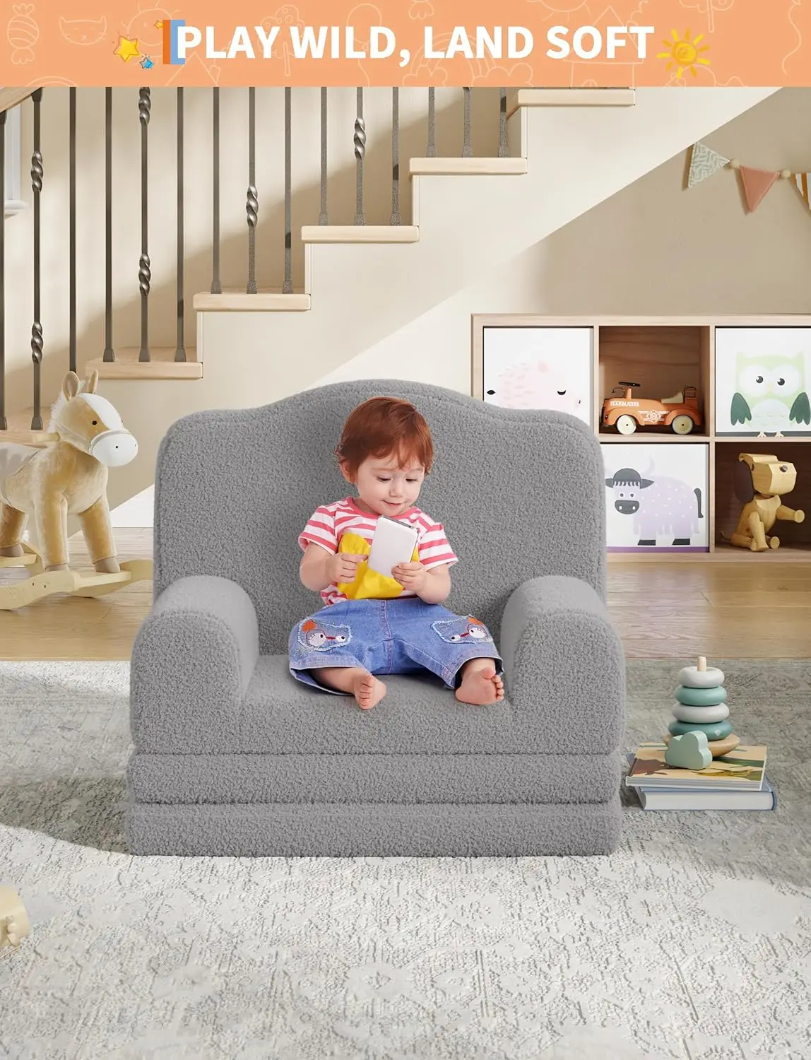 

Garvee 1-Seater Kids Convertible Chair to Bed, 2-in-1 High Density Foam Foldable Toddler Couch with High Backrest, Gray