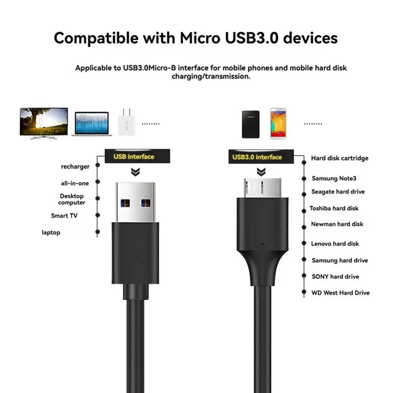 T23C 10X USB 3.0 Type A To USB3.0 Micro-B Male Data Cable Adapter Cord For External Hard Drive Disk HDD Super Speed Cable