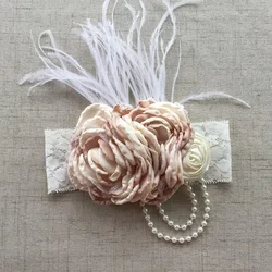 Pearl Feather Lace Headband for Baby Girls Hair Accessories Newborn Mesh Chiffon Flower Headbands Little Princess Headwear