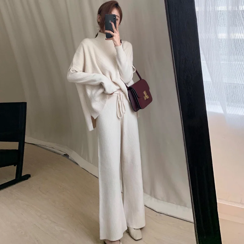 

Sweater set Women's autumn and winter two -piece knitted wide -leg pants half -high collar top vest outside three -piece sweater