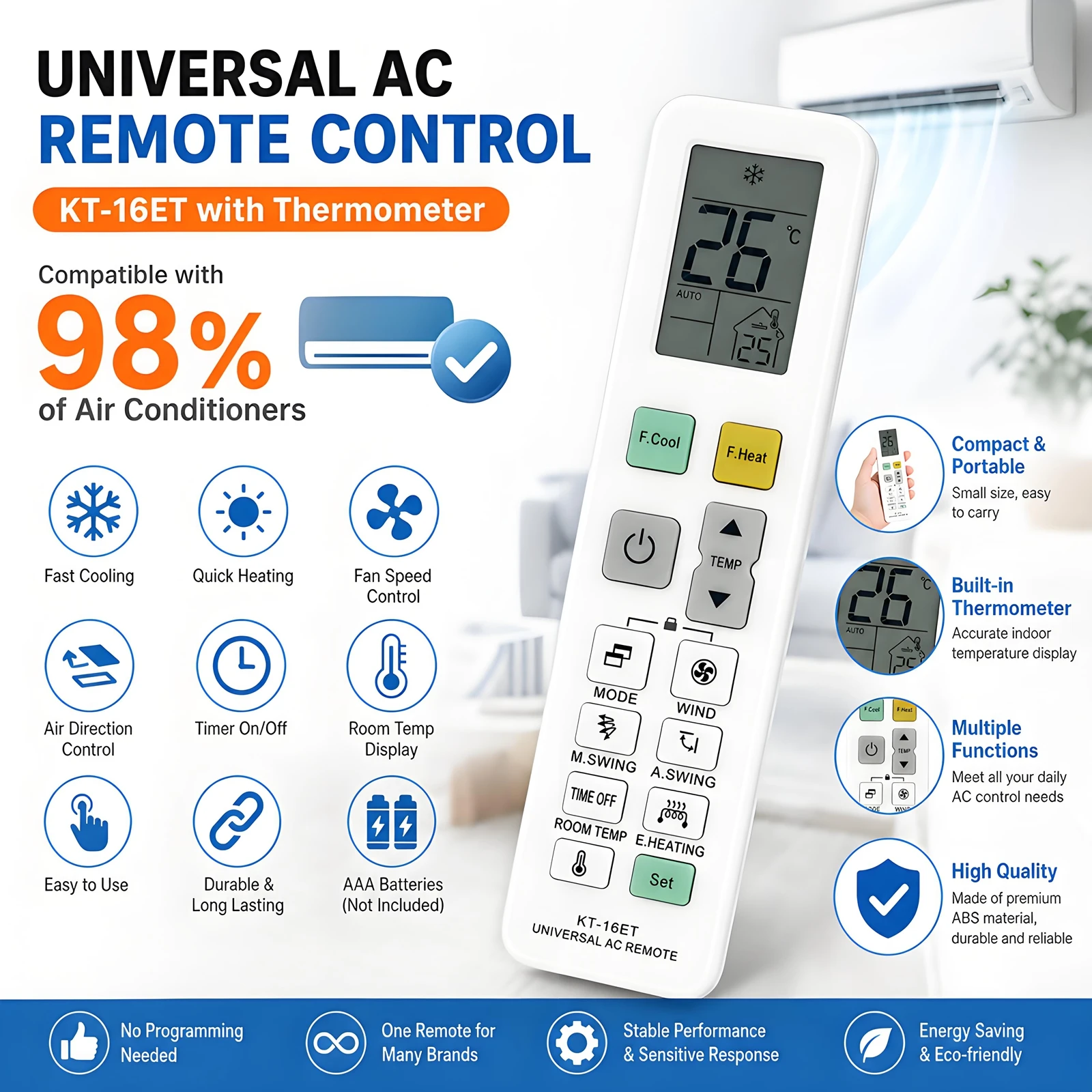 (With Thermometer) New Universal Air Conditioner A/C Remote Control for All Major Brands Works with 98% A/C Units