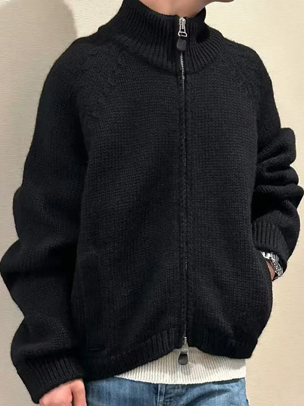 

mat Preppy Sle Zipper Knitted Wool Sweater Coat for Men And Women Casual Long Sve Stand Collar Sweater