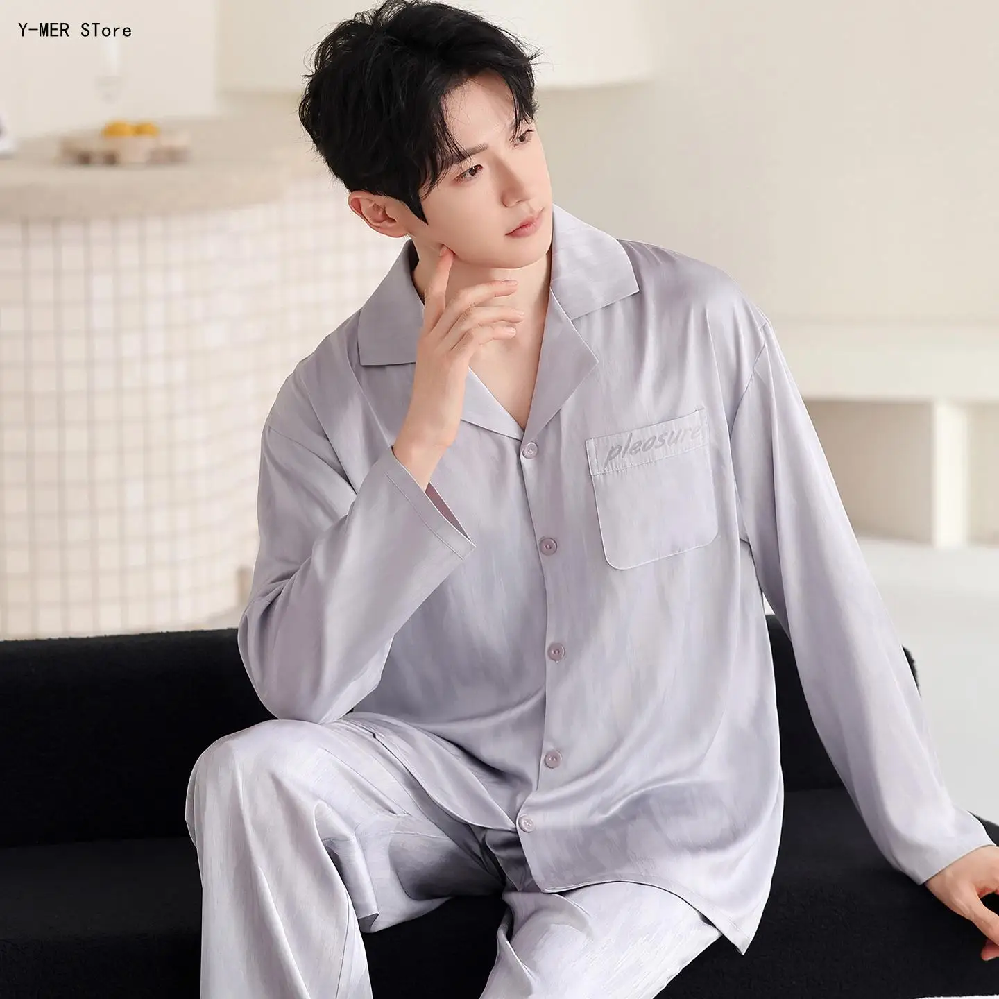 Men 2026 New Spring Autumn Pajama Set, Long Sleeve Lapel Collar Top & Pants, Soft Casual Homewear Loungewear Sleepwear