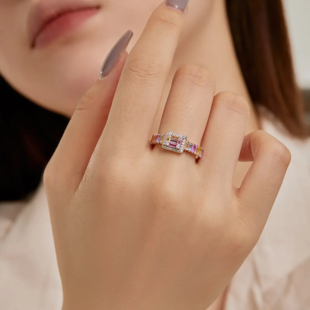 Fashion fine Jewelry Making S925 Silver Ring Women's Closed Ring Geometric Colored Zircon Fashion Versatile Design Ring Jewelry