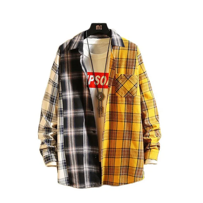 

Men's Harajuku Shirt Cotton Casual Plaid Long Sleeve Cardigans Button Up Shirts Male Vintage Korean Clothes Autumn Spring Z1