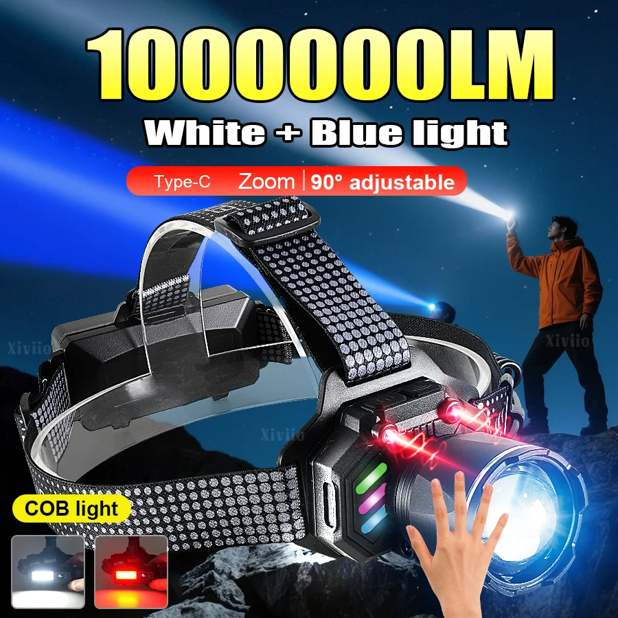 Sensor Headlamp LED Head Flashlight Powerful COB Taillight Head Torch Type-C USB Rechargeable Fishing Camping Lantern Zoom Lamp