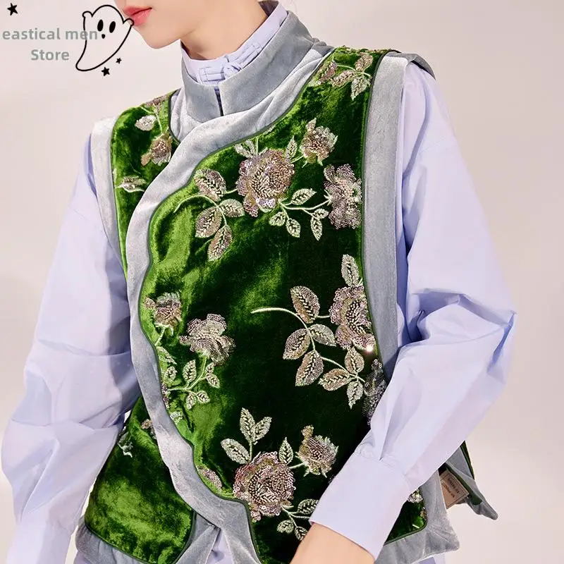 Green Sleeveless Qiao Top Women Luxury Velour Embroider Glitter Flower Chesongam Costume Vintage Tang Clothes Vest Tops Hanfu