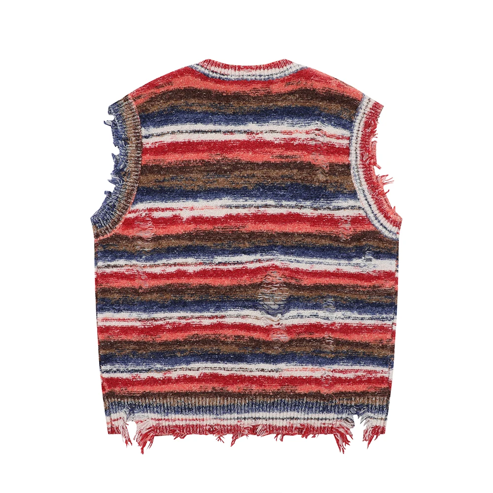 Japanese Vintage Striped Spliced V Neck Ripped Vest for Men Chaleco Hombre Baggy Y2K Casual Sleeveless Knitted Sweater Oversized