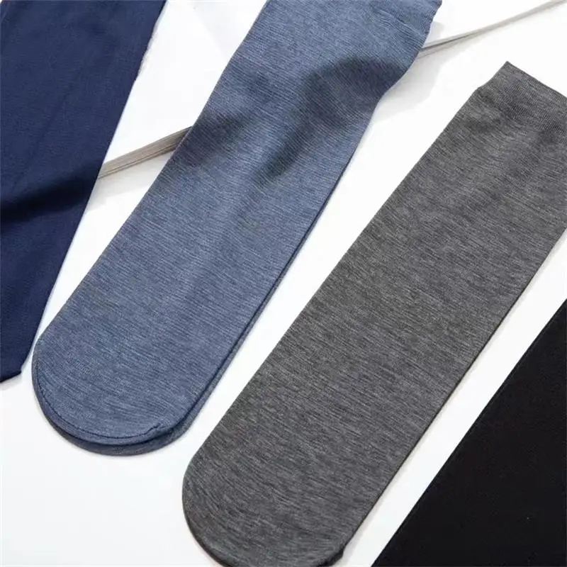 10pairs/Men\'s Socks Thin Ice Stockings Summer Breathable Casual Socks Solid Color Elastic Ice Silk Cool Mid-tube Business Socks