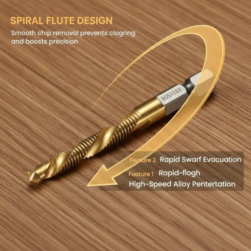 6 Pcs High Speed Steel Threading Tap Drill Bit Set Titanium Coated Super Sharp for Furniture Assembly DIY Craft Making