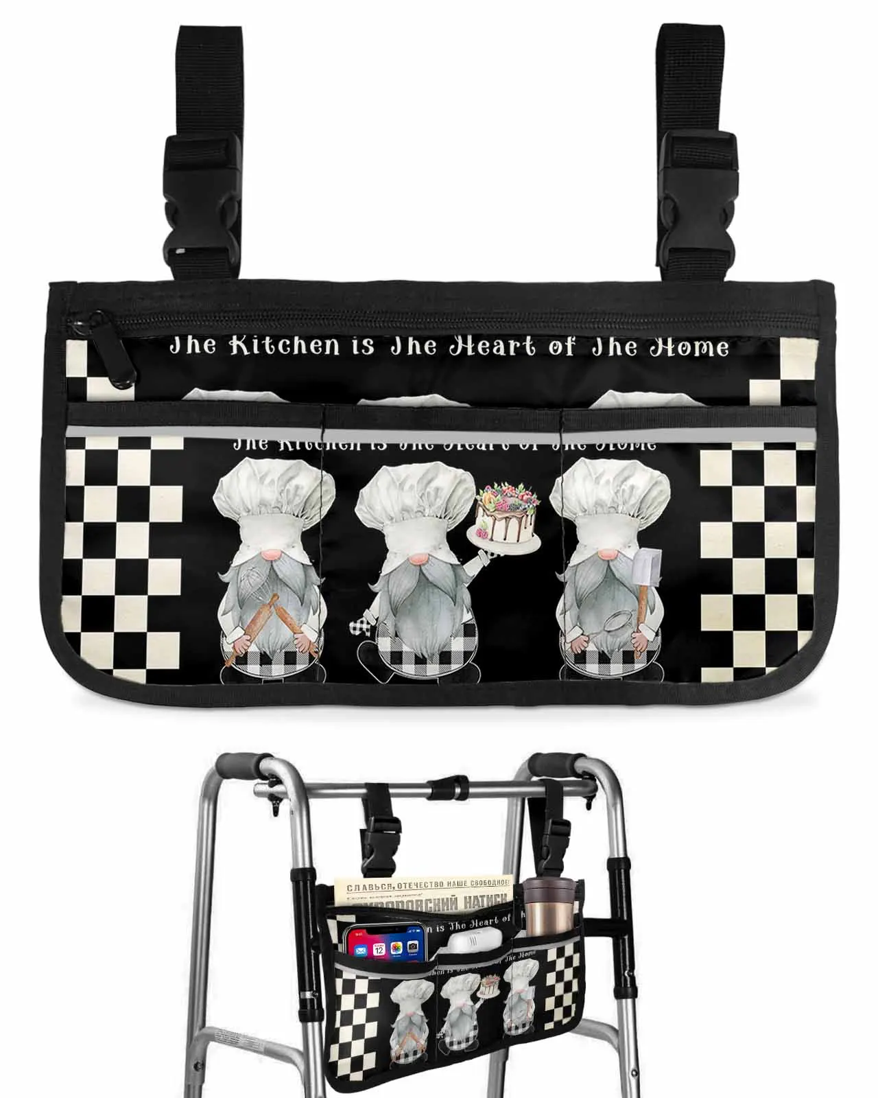 Chef Gnome Plaid Cake Dessert Cooking Wheelchair Bag With Pockets Armrest Side Bags Electric Scooter Walking Frame Storage Pouch