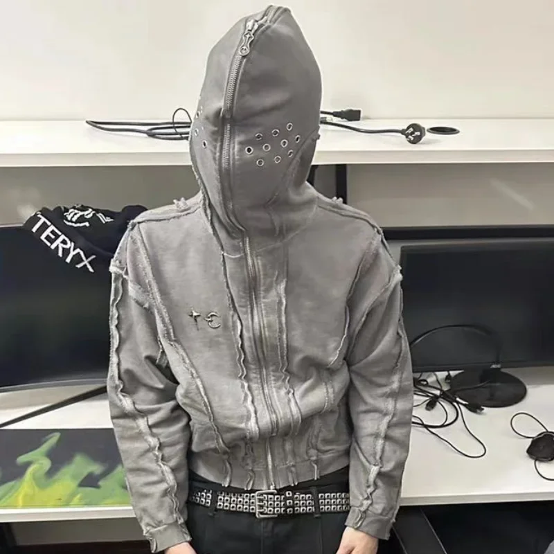 رمادي أسود أبيض البلطجة نادي هوديي غسل تفعل القديم المرقعة غطاء الوجه مزدوجة سستة قصيرة مقنعين البلوز للرجال النساء معطف #3