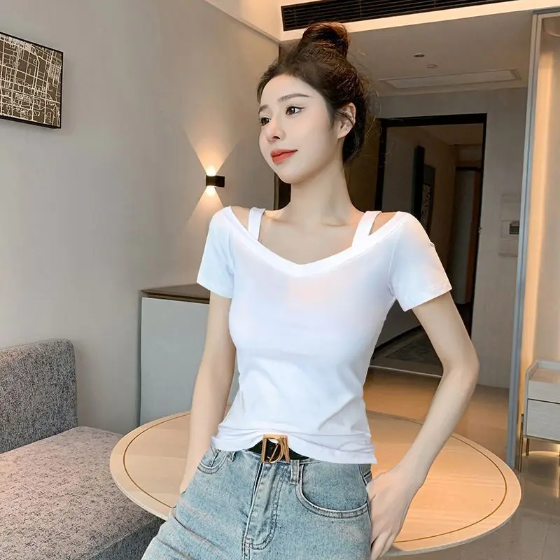 Women Summer Simplicity Slim Office Lady Solid Color Off Shoulder Short Sleeve T-Shirt Women Clothes Casual All-match Trend Tops