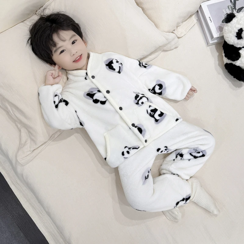 طقم بيجامة من الفلانيل للأطفال، ملابس نوم شتوية من الصوف المرجاني الفاخر للأولاد والبنات