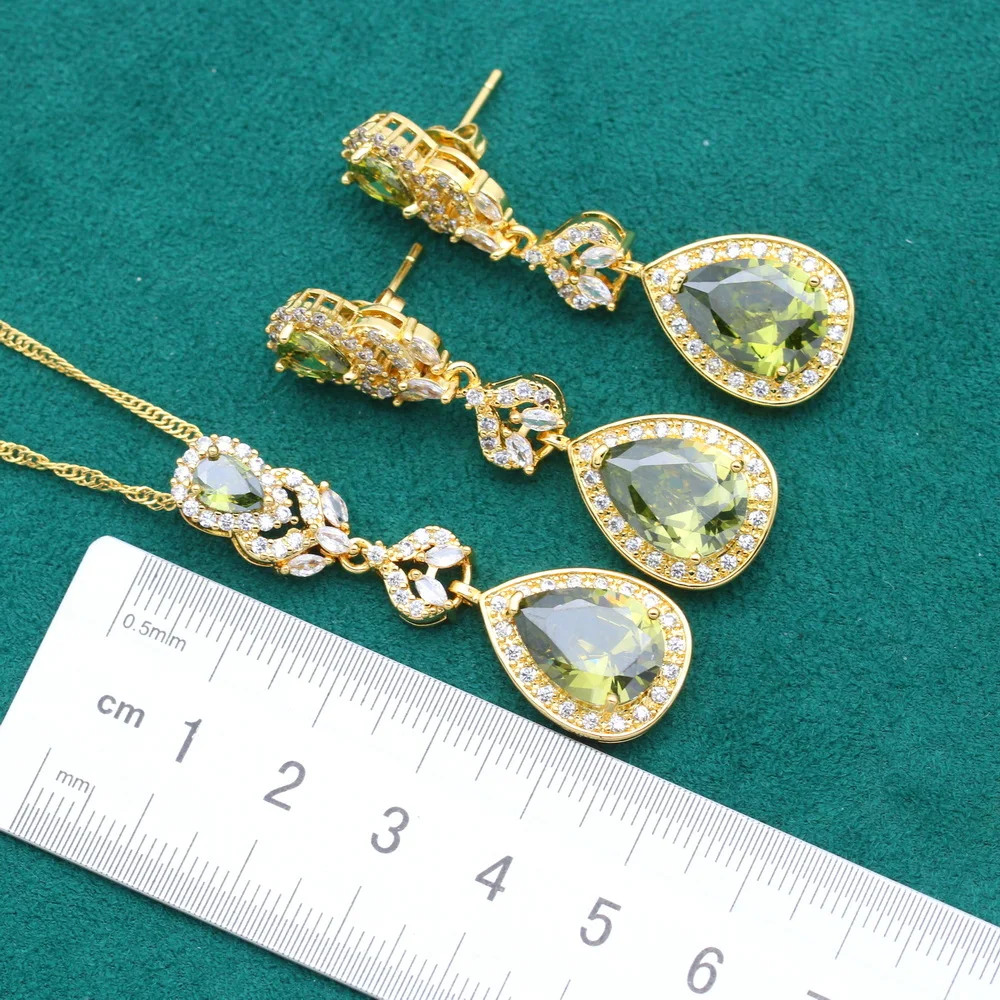 Olive Green Zircon Gold Color Jewelry Sets for Women Birthday Bracelet Long Earrings Necklace Pendant Ring Holiday Gift