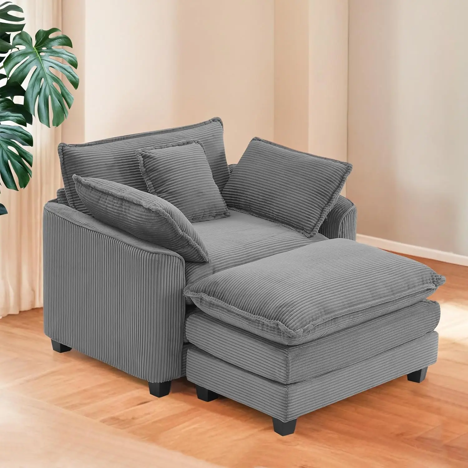 

Oversized Accent Chair with Ottoman, Luxury Corduroy Single Sofa, Upholstered Deep Seat Chaise Lounge with Pillows for Living Ro