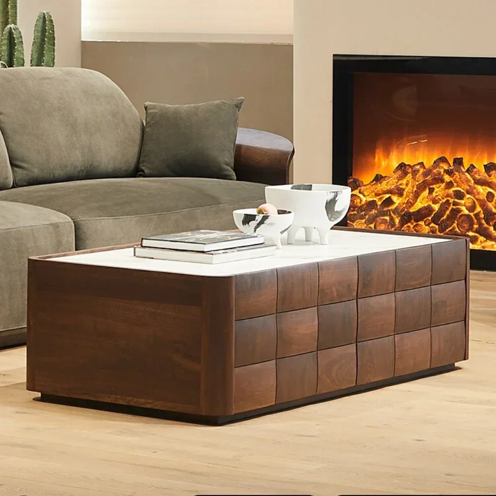 TAO Stone Plate Coffee Table Living Room Home Solid Wood Sofa Table Light Luxury Log Low Table