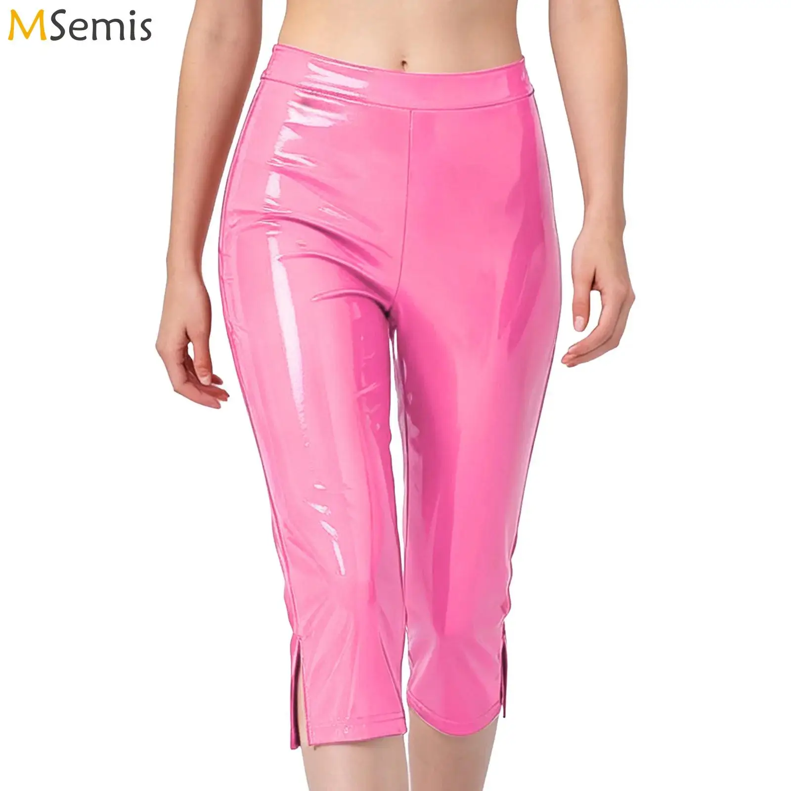 Women Glossy Latex Look Capri Pants High Rise Bodycon Cropped Leggings High Waist Split Leg Skinny Pencil Pants Cropped Trousers