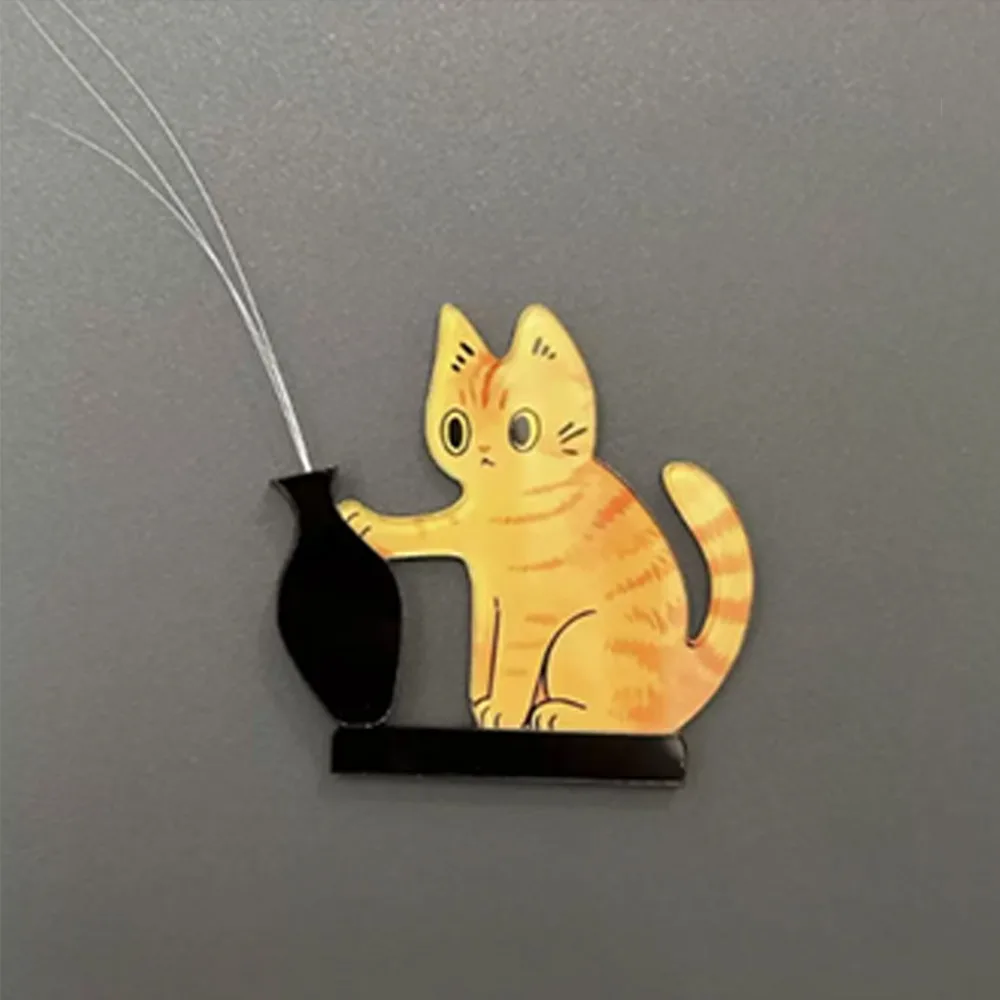Acrylic Cat Whiskers Collection Ornaments Magnetic Cartoon Cat Refrigerator Sticker Cat Pushing Vase Decor for Home Decoration