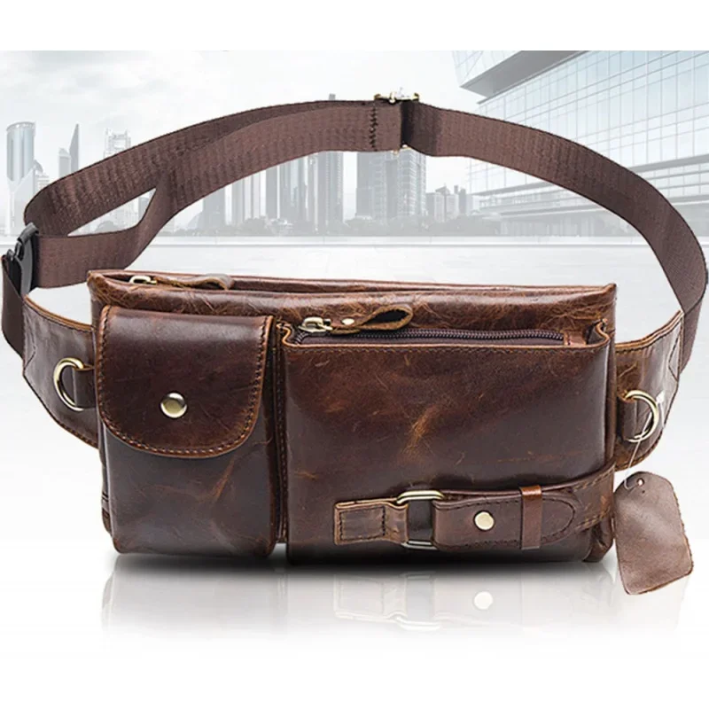 New Men's Top Layer Cowhide Single Shoulder Crossbody Bags Mobile Phone Waist Packs Bag Men's Crossbody Chest Waist Bag