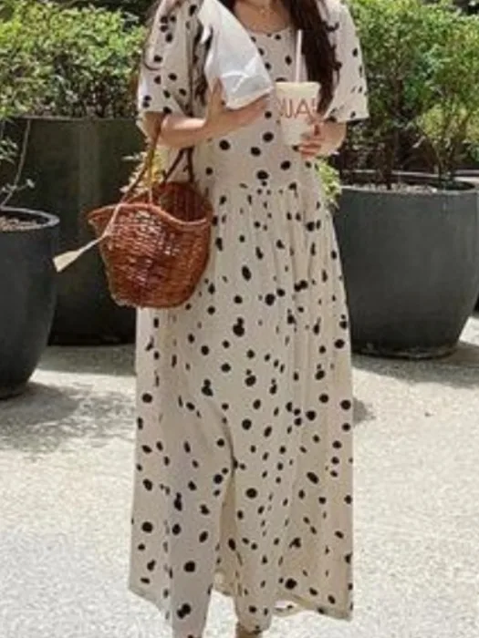Chic Summer Vintage Anti-età rotondo Ne Loose Casual Splicing Pieghettato Colore Blo Polka Dot Or Sve Dr Donna