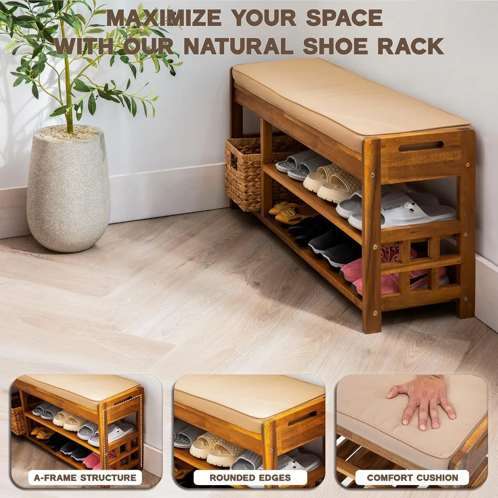 مقعد تخزين الأحذية من خشب السنط مع مقعد مبطن ومقابض سهلة الحركة - منظم مدخل متعدد المستويات #4