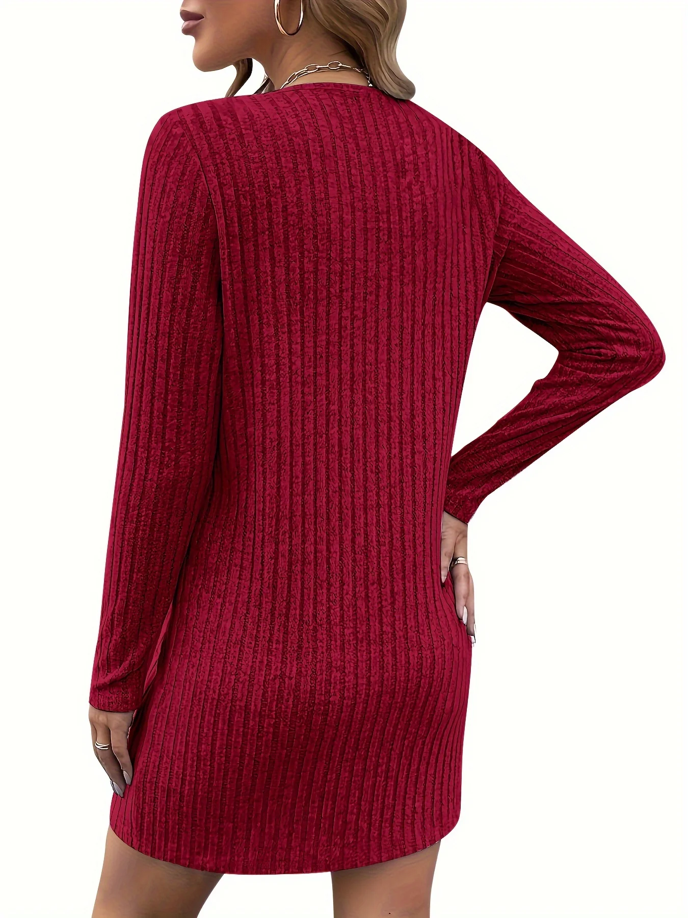 Elegant Solid Color Ribbed Dress for Women - V-Neck, Long Sleeve, High Stretch, Machine Washable - Perfect for Fall/Winter