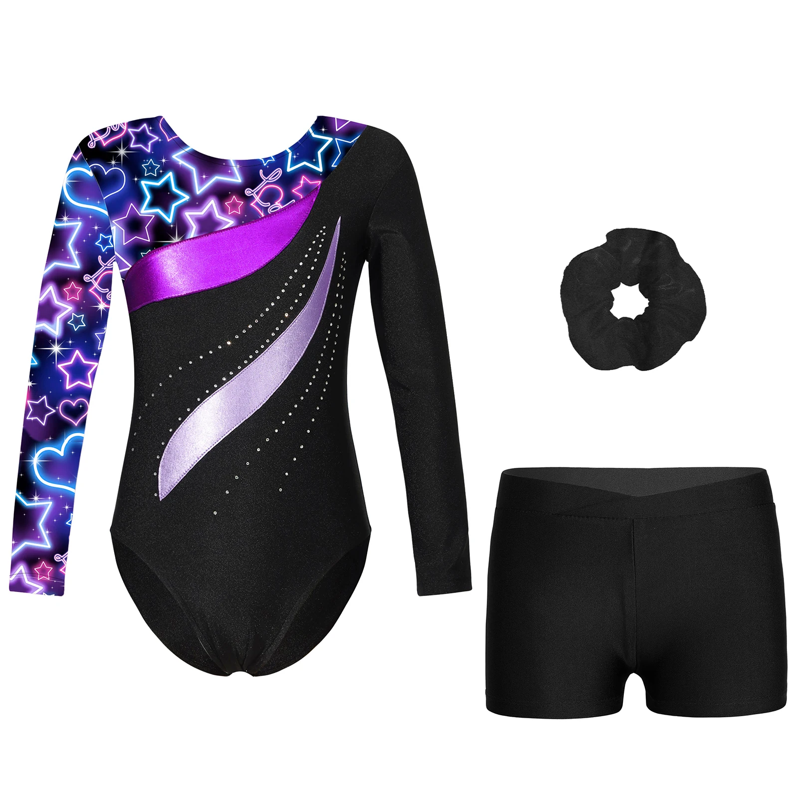 Kids Girls Printed Ballet Outfits Gymnastics Leotard with Shorts Dancing Suits Long Sleeve Dancewear Sets Teens Dance Jumpsuit