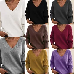 Women Clothing Sexy V Neck Jumpers Solid Long Sleeve Pullovers Knitted Sweater Solid Loose Fit 2024 Sweaters Basics Autumn