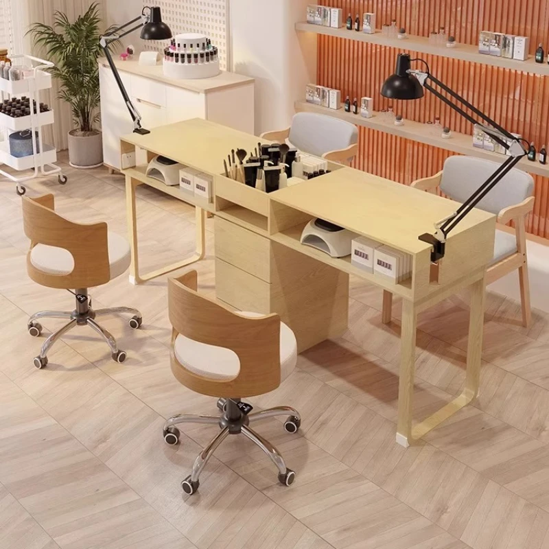 

Beige Professional Nail Table Fancy Wooden Oficce Workstation Salon Nail Desk Beauty Design Luxury Mesas Manicuristas Furniture