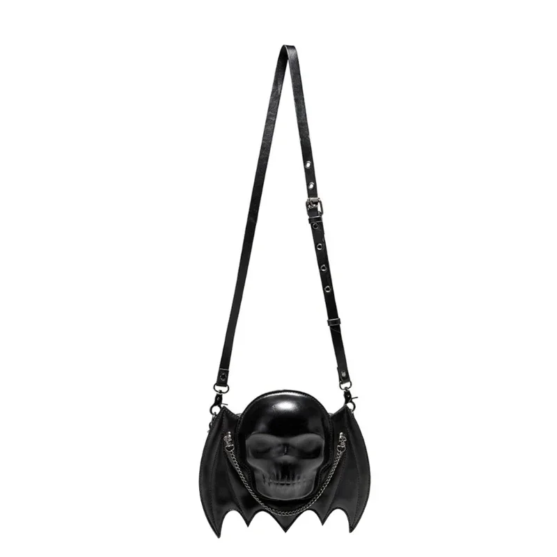 Alternative Fashion Black Skull Shaped Shoulder Bag with Gothic Bat Wing Metal Chain Front Crossbody Bag Purse for Women