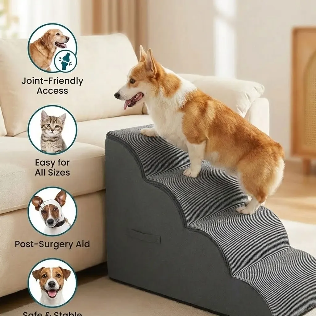 

Wave Pet Stairs and Ramp for Small/Medium Dogs & Cats Foam Lightweight Dog Ladder with Removable Cover for Sofa/Bed Access