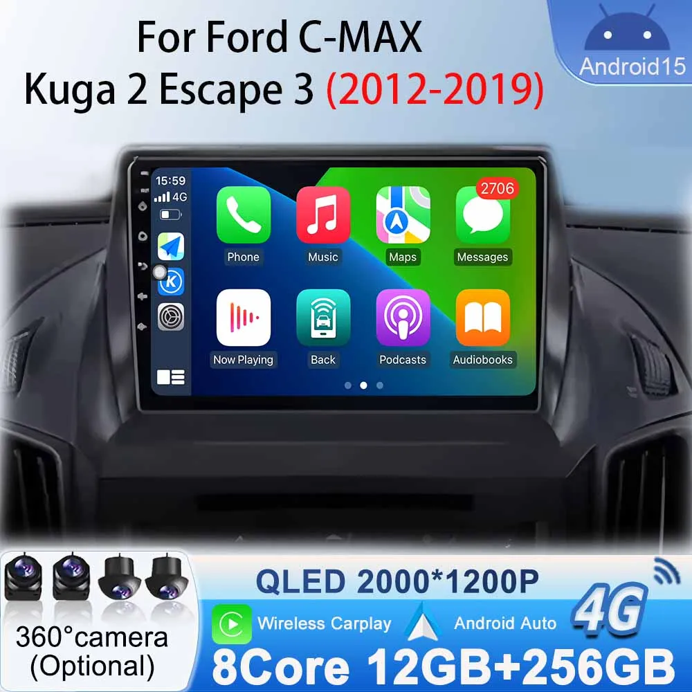 Head Unit Android 15 for FORD C-MAX KUGA 2 ESCAPE 3 2012 -2019 Car Radio GPS Navigation Stereo Multimedia Video Player Bluetooth
