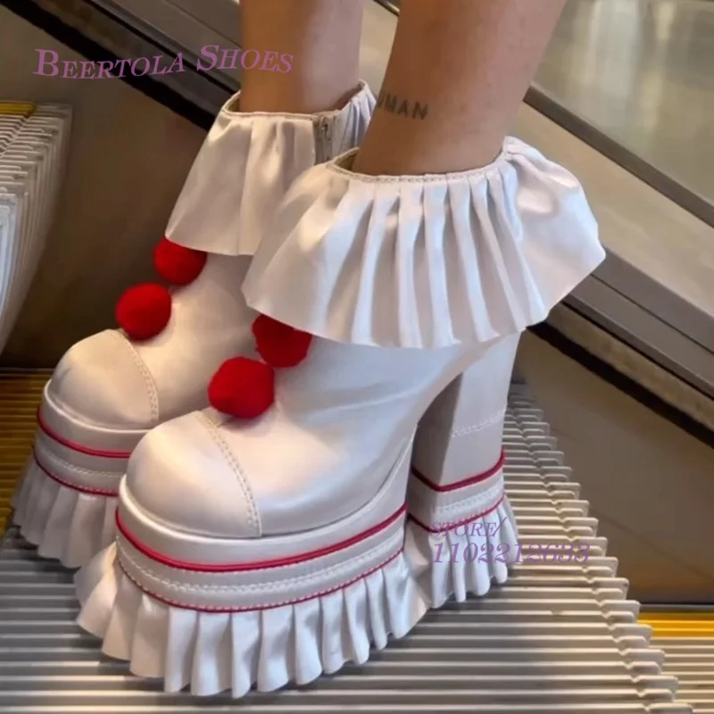 White Satin Cake Platform Sandals Women Ruffle Tassel Skirt Heels Fuchsia Hot Chick Silk Pom Round Chunky Pump Girl Spring Shoes